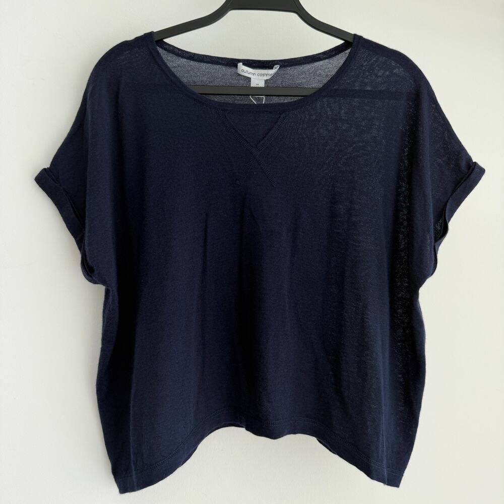 Autumn Cashmere Top Medium Navy Lagenlook Crop Lightweight Sweater Quiet Luxury